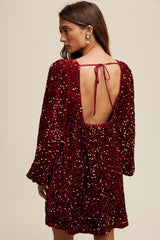 Burgundy Sequin Velour Front Tie Mini Dress