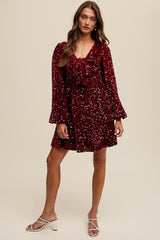 Burgundy Sequin Velour Front Tie Mini Dress