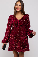 Burgundy Sequin Velour Front Tie Maternity Mini Dress