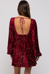 Burgundy Sequin Velour Front Tie Maternity Mini Dress