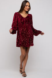 Burgundy Sequin Velour Front Tie Maternity Mini Dress