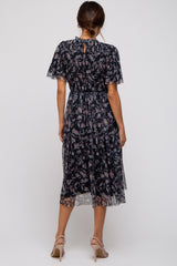 Black Floral Smocked Mesh Knit Maternity Midi Dress