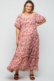 Pink Floral Puff Sleeve Maternity Plus Maxi Dress