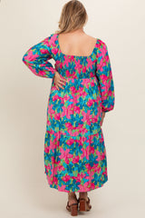 Blue Floral Long Sleeve Maternity Plus Midi Dress