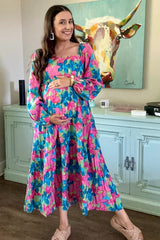 Blue Floral Long Sleeve Maternity Midi Dress