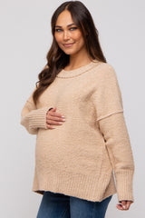 Beige Knit Exposed Seam Maternity Sweater