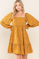 Gold Floral Chiffon Square Neck Ruffle Hem Maternity Dress