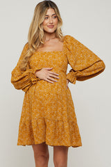 Gold Floral Chiffon Square Neck Ruffle Hem Maternity Dress