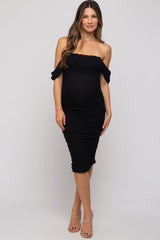 Black Ruched Off Shoulder Maternity Dress