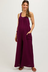 Burgundy Wide Leg Tie Back Maternity Overalls