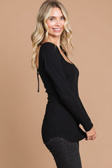 Black Ribbed Sweetheart Neck Long Sleeve Top