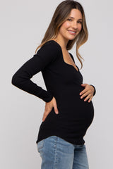 Black Ribbed Sweetheart Neck Long Sleeve Maternity Top