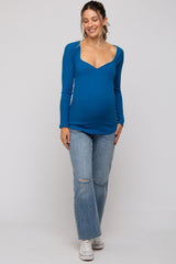 Blue Ribbed Sweetheart Neck Long Sleeve Maternity Top