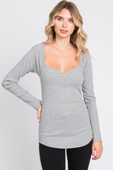 Heather Grey Ribbed Sweetheart Neck Long Sleeve Top