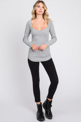 Heather Grey Ribbed Sweetheart Neck Long Sleeve Top