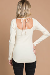 Cream Ribbed Sweetheart Neck Long Sleeve Top