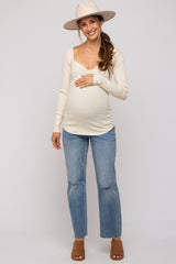 Cream Ribbed Sweetheart Neck Long Sleeve Maternity Top