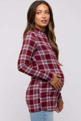 Burgundy Plaid Mock Neck Brushed Long Sleeve Maternity Top