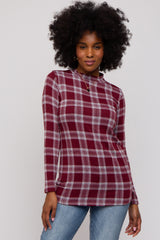 Burgundy Plaid Mock Neck Brushed Long Sleeve Top