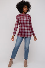 Burgundy Plaid Mock Neck Brushed Long Sleeve Maternity Top