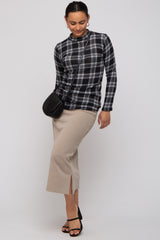 Black Plaid Mock Neck Brushed Long Sleeve Maternity Top