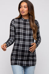 Black Plaid Mock Neck Brushed Long Sleeve Maternity Top