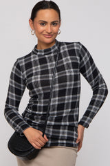 Black Plaid Mock Neck Brushed Long Sleeve Top