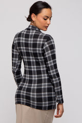 Black Plaid Mock Neck Brushed Long Sleeve Top