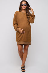 Brown Fleece Oversized Maternity Sweatshirt Mini Dress