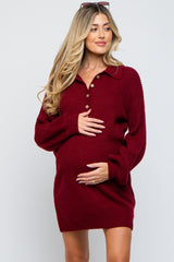 Burgundy Collared Button Front Maternity Sweater Dress