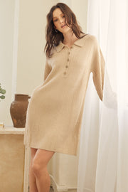 Beige Collared Button Front Sweater Dress