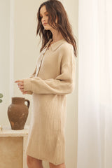 Beige Collared Button Front Sweater Dress