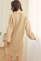 Beige Collared Button Front Sweater Dress