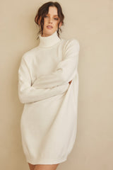 Cream Knit Long Sleeve Turtleneck Sweater Dress