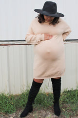 Beige Knit Long Sleeve Turtleneck Maternity Sweater Dress