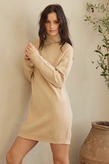 Beige Knit Long Sleeve Turtleneck Sweater Dress