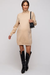 Beige Knit Long Sleeve Turtleneck Maternity Sweater Dress