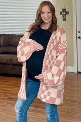 Mauve Checkered Oversized Chunky Knit Maternity Cardigan