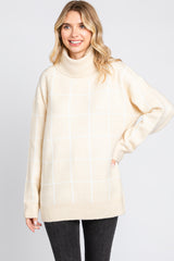 Cream Windowpane Ultra Soft Knit Turtleneck Sweater