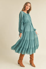 Green Tiered Ruffle Sleeve Midi Dress