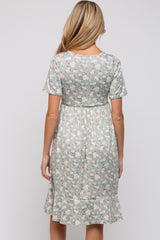 Light Olive Floral Knit Short Sleeve Maternity Dress