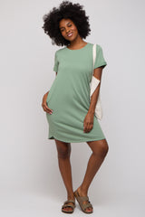 Sage French Terry Cuffed Short Sleeve Maternity Dress