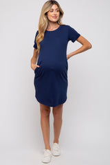 Navy French Terry Cuffed Short Sleeve Maternity Dress