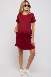 Burgundy French Terry Cuffed Short Sleeve Maternity Dress