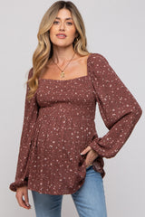 Brown Floral Smocked Long Sleeve Maternity Top