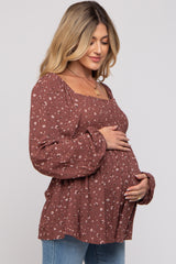 Brown Floral Smocked Long Sleeve Maternity Top