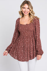 Brown Floral Smocked Long Sleeve Top