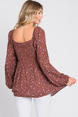 Brown Floral Smocked Long Sleeve Top