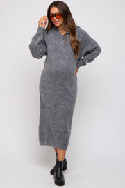 Charcoal Grey Hooded Maternity Sweater Midi Dress