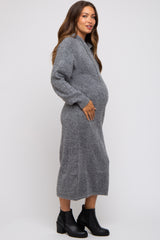 Charcoal Grey Hooded Maternity Sweater Midi Dress